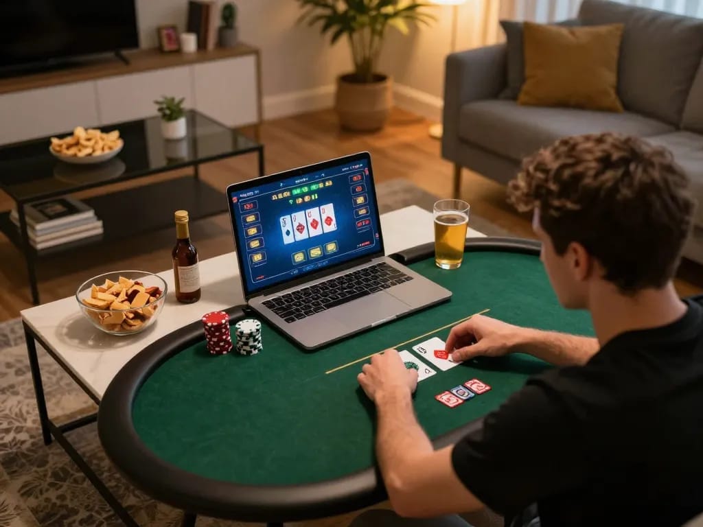 Player at home enjoying TR88 trang chủ online poker game with laptop and snacks.