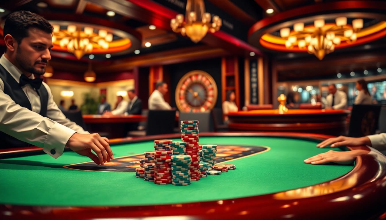Players engage in a high-stakes poker game at 68VIP casino, showcasing a thrilling gambling atmosphere.