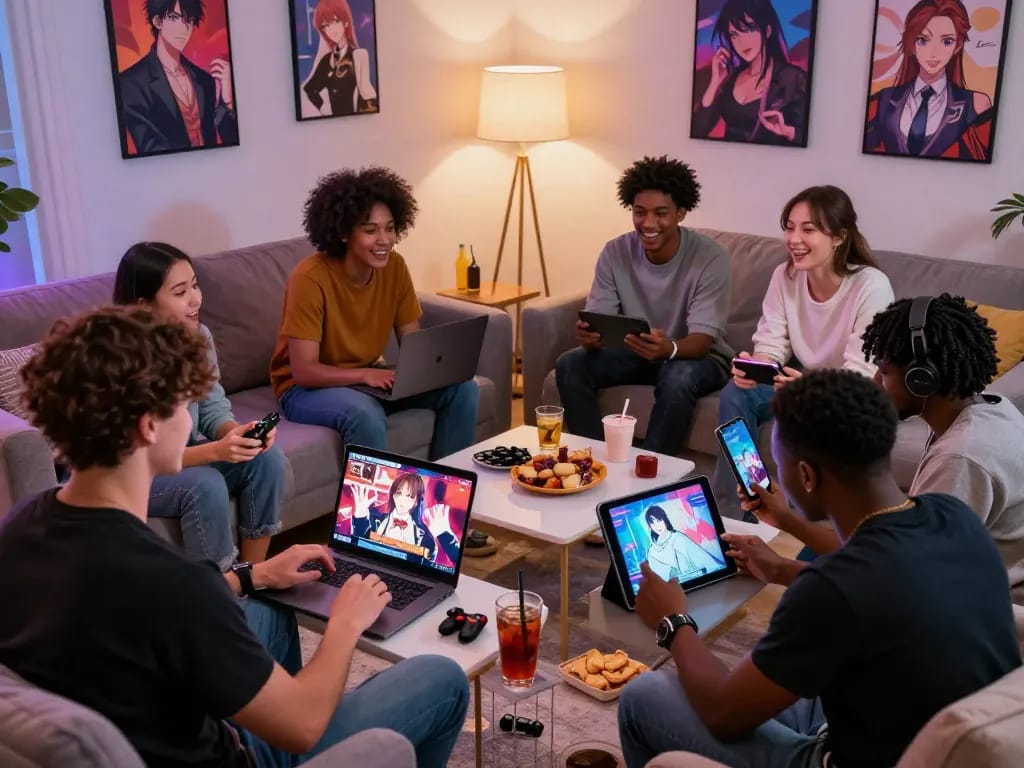 Friends enjoying a variety of sex games on devices in a cozy living room.
