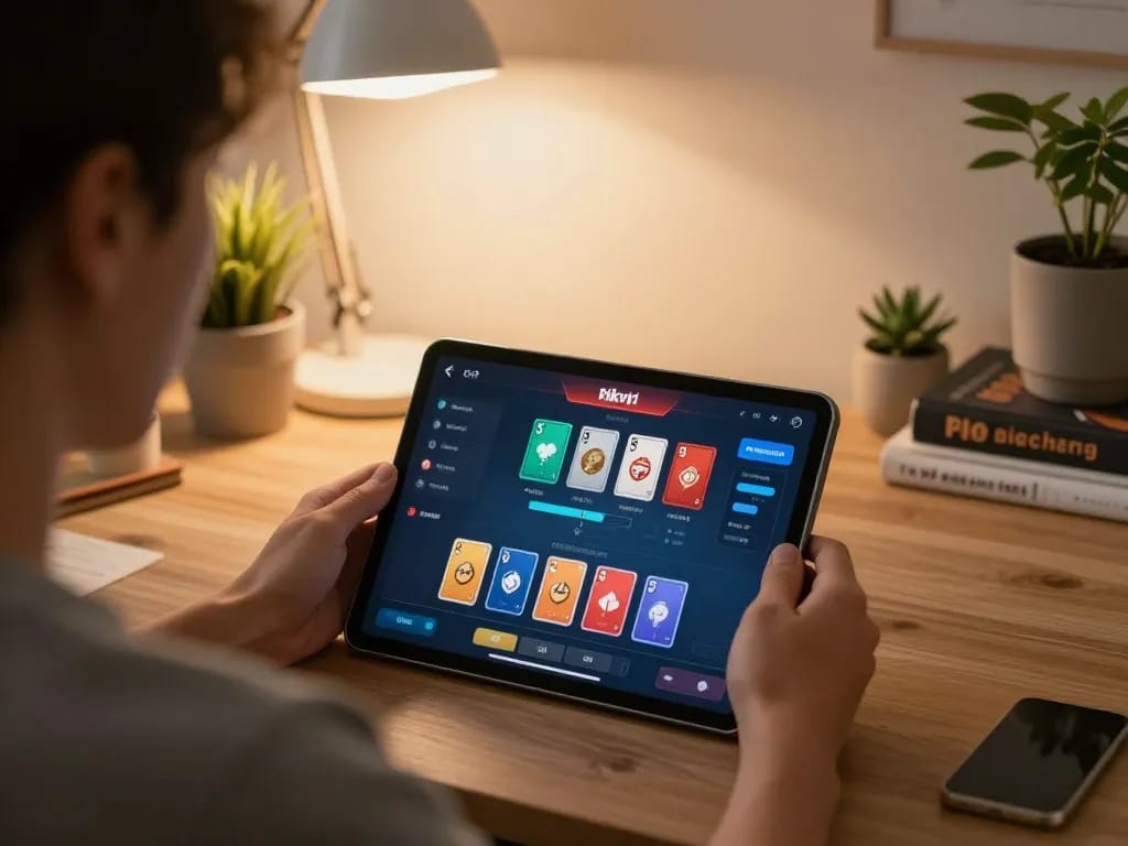 Engage in game rikvip on a tablet, with cozy home ambiance, showcasing interactive gameplay.