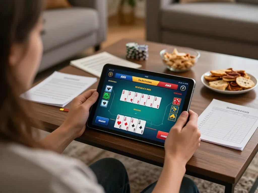 Player engaging in online gambling on the AW8 app while analyzing betting strategies in a cozy home.