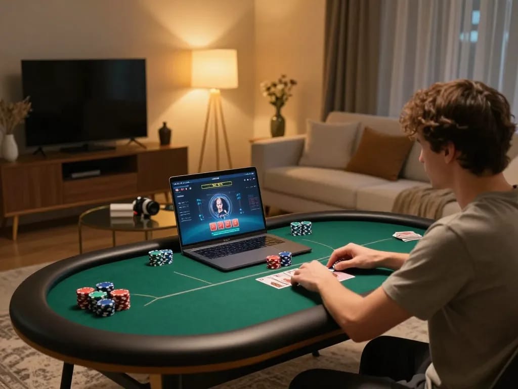 Max88pro player immersed in strategic poker gameplay from home setup with chips and cards on screen
