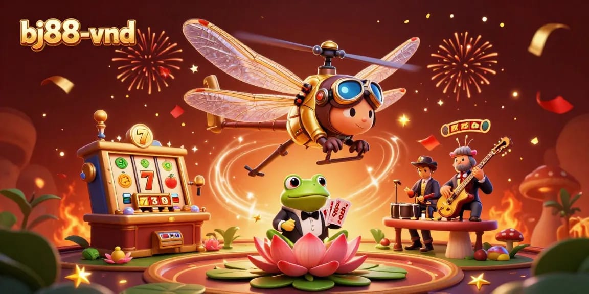 Experience the thrill of slots action at bj88-vnd with a colorful 3D dragonfly pilot and frog dealer.