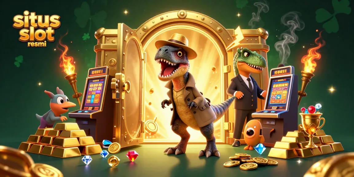 Experience the fun at situs slot resmi with a velociraptor card counter amid treasures and excitement.