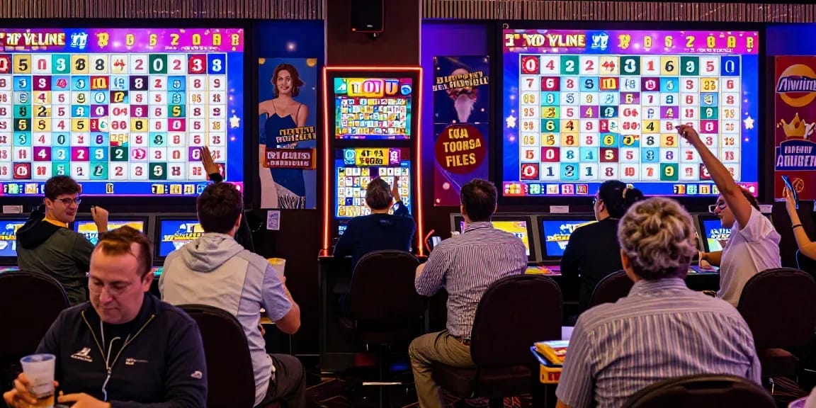 Exciting 4D lottery results celebration in a vibrant gambling hall.