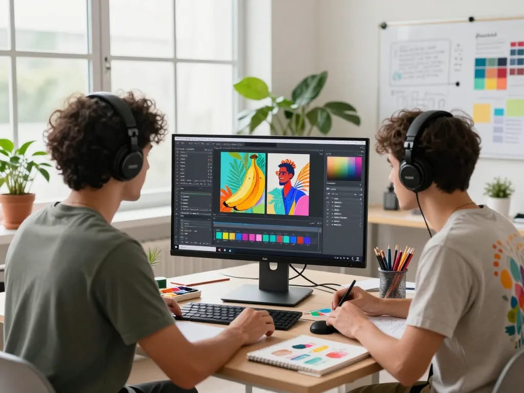 Artist using Nano Banana 2 AI image editor in a bright creative workspace.