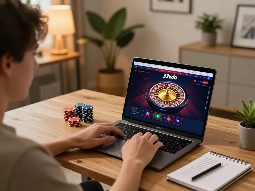 Engaging gameplay on 33win platform showcasing an exciting roulette wheel spin in a cozy gaming setup.