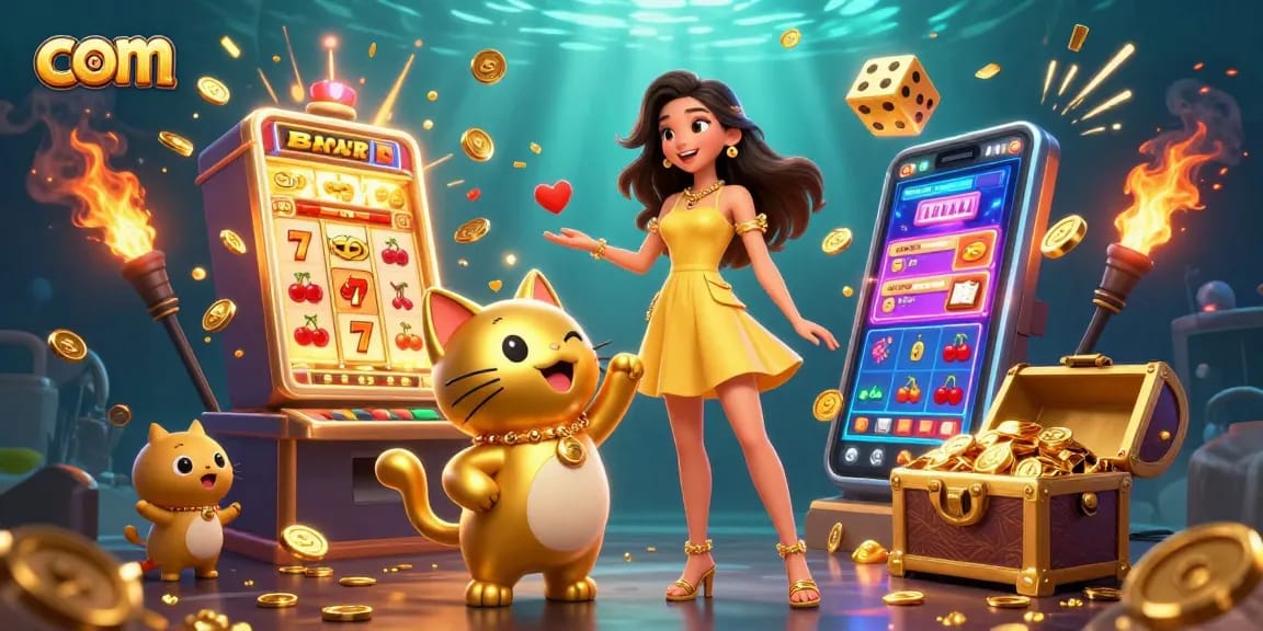Experience excitement at com with a lively Asian woman and lucky cat, amidst rich casino visuals.
