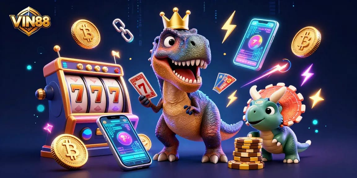 Engage with VIN88's exciting slots as T-Rex and friends shuffle cards and stack winnings.