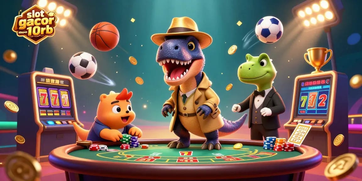 Engage with exciting gameplay featuring slot gacor deposit 10rb and animated characters immersed in a vibrant casino scene.