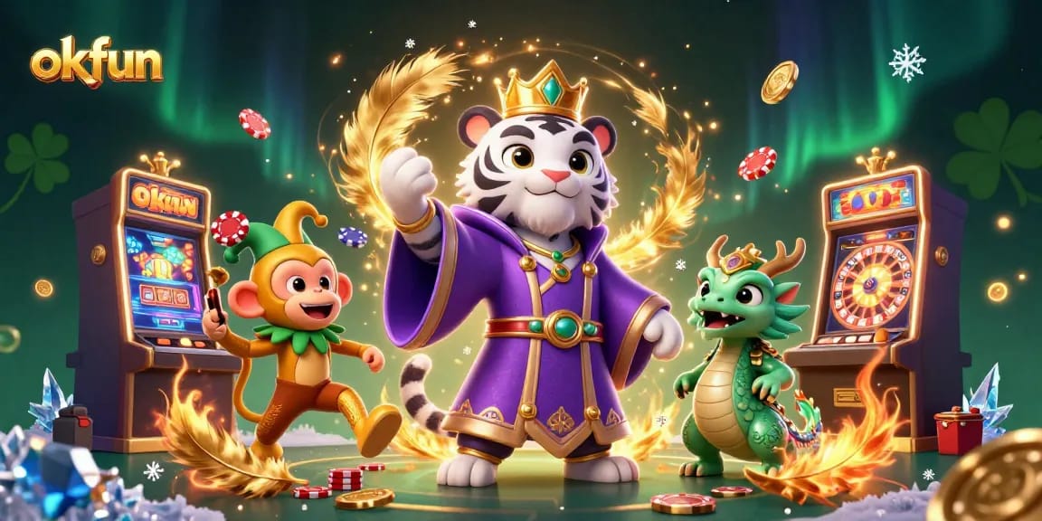 Engage with okfun's thrilling casino adventure featuring an elegant tiger and playful monkey amidst lively slot games.