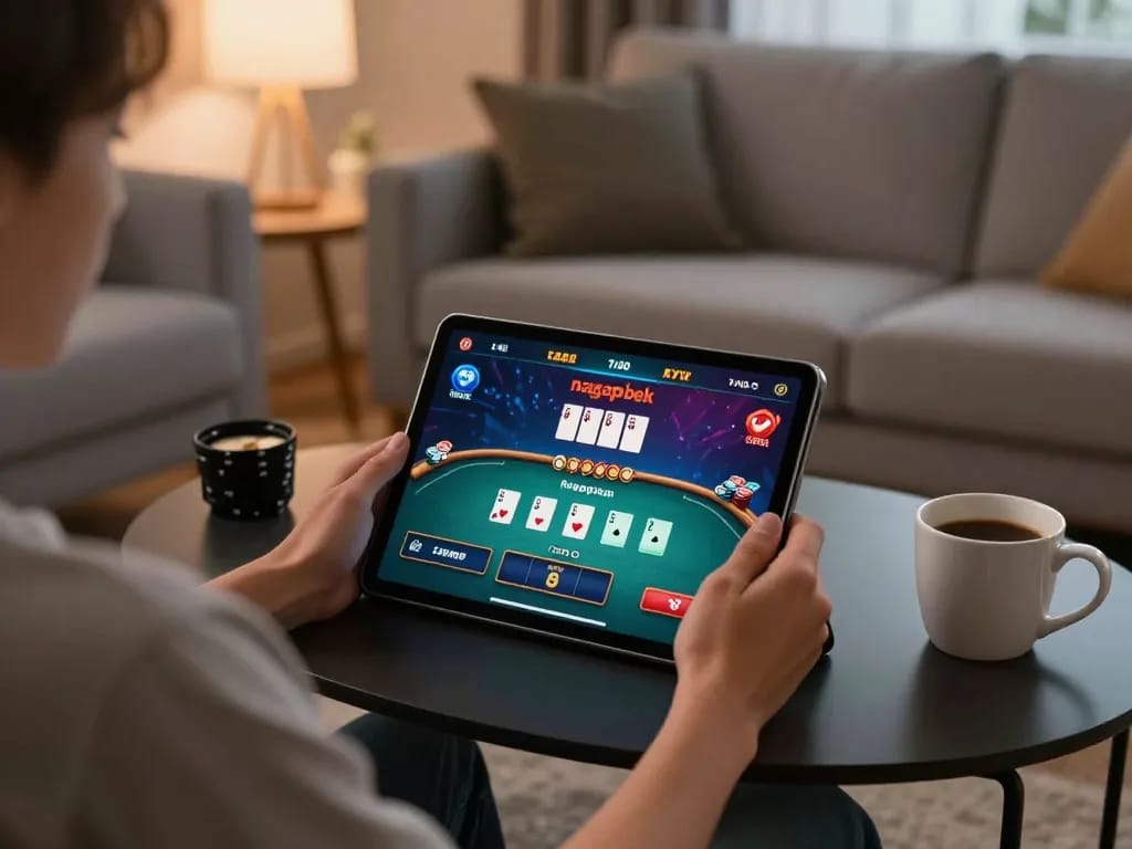 Engaged player using a tablet for nagapoker, illustrating exciting online poker gameplay at home.