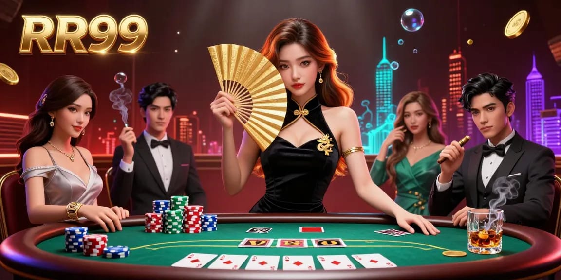 Experience the thrill of RR99 with a captivating Asian woman amidst poker elements and rich detail.