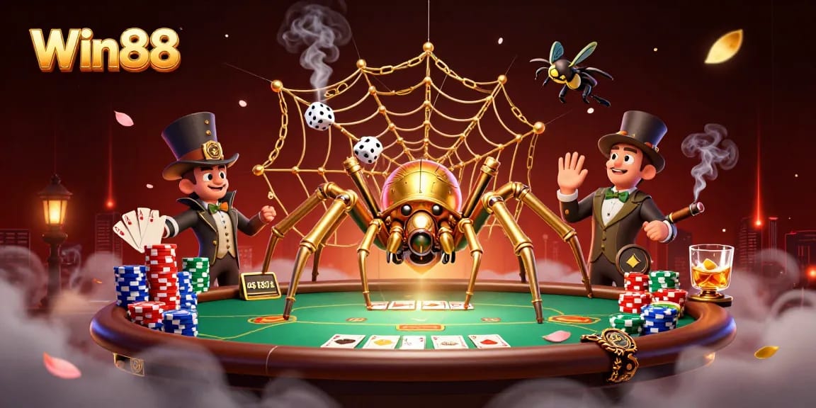 Win88 captivates with a lively 3D scene of a steampunk spider at a poker table.