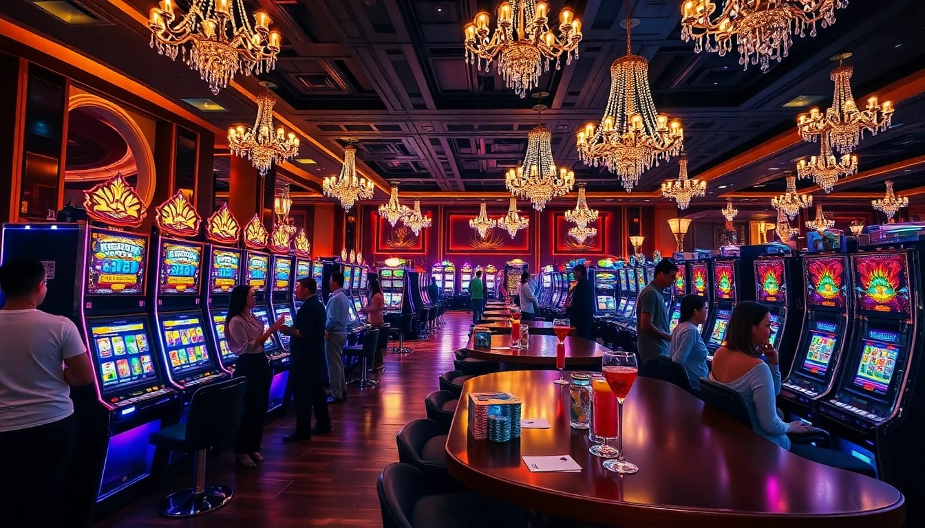 Excited players interacting with colorful slot machines in a vibrant casino atmosphere.