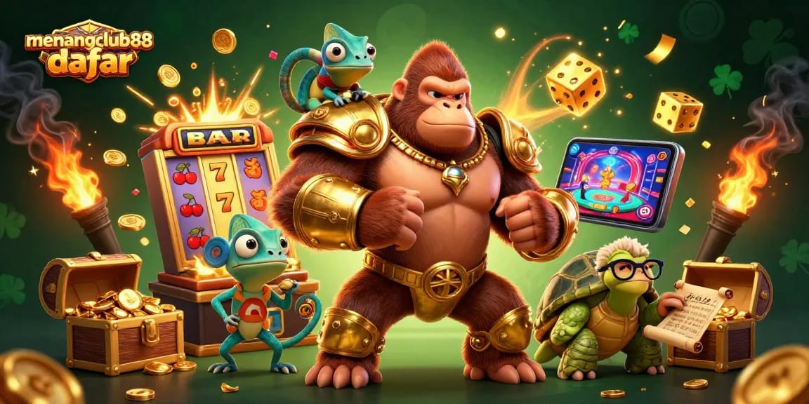 Join the fun at menangclub88 daftar with a vibrant casino illustration featuring exciting games and characters.