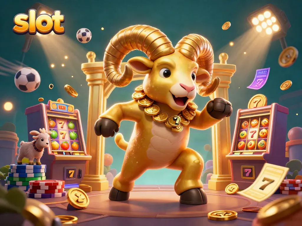 Engage with thrilling slot gameplay featuring a vibrant 3D illustration of a golden ram and slot machines.