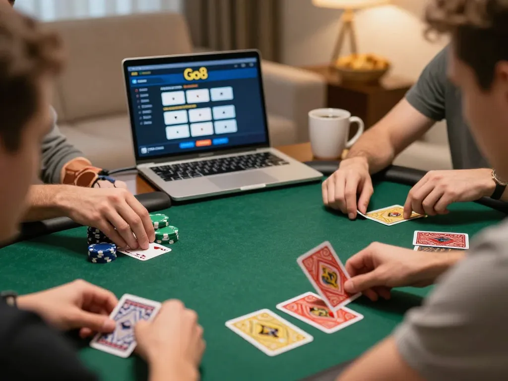 Players strategizing in a Go8 online poker game, highlighting engaged gameplay and competitive spirit.