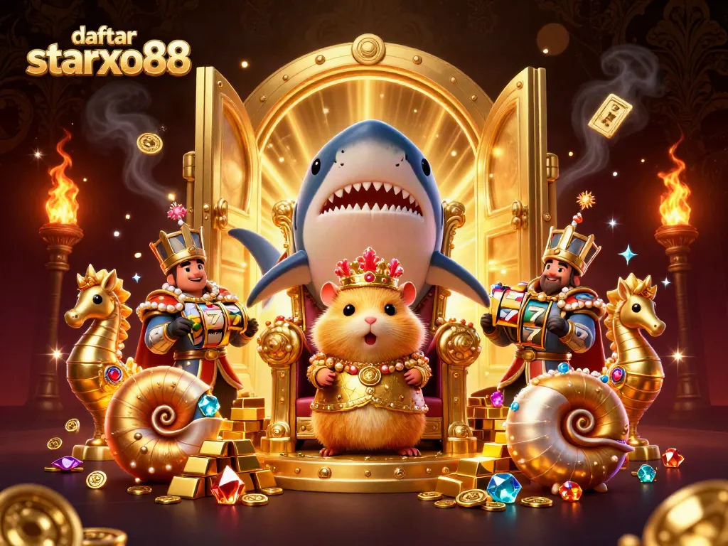 Engage with daftar starxo88 in an enchanting casino realm with a golden hamster king and treasure