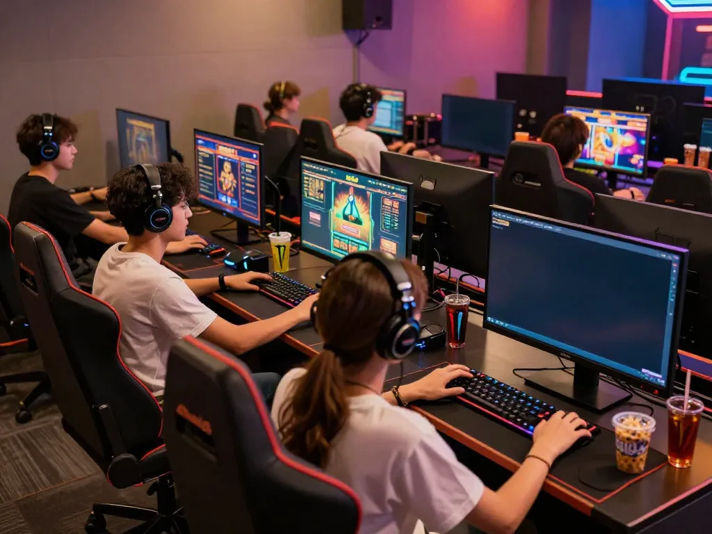 Engaged young adults playing online slots on akunjp in a vibrant gaming lounge