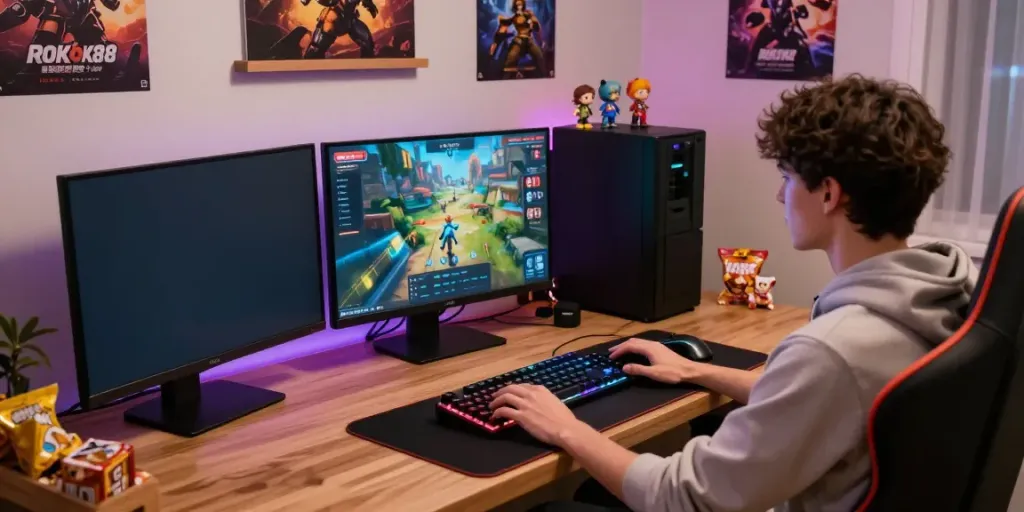 Engaged gamer exploring the rokok88 link alternatif online platform in a cozy gaming setup.