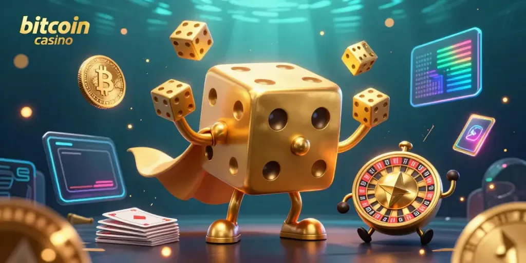 Engage with the vibrant scene of a bitcoin casino featuring cartoon characters and crypto elements.