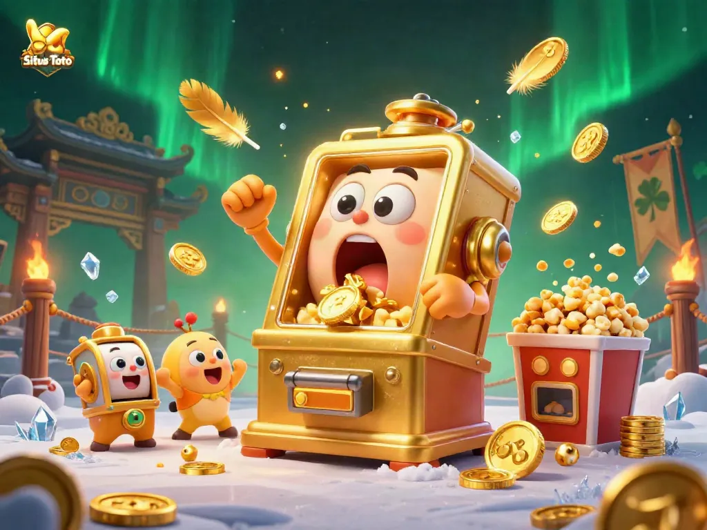 Mesin slot emas sentient merayakan kemenangan jackpot di Situs Toto dengan mesin kecil dan popcorn.