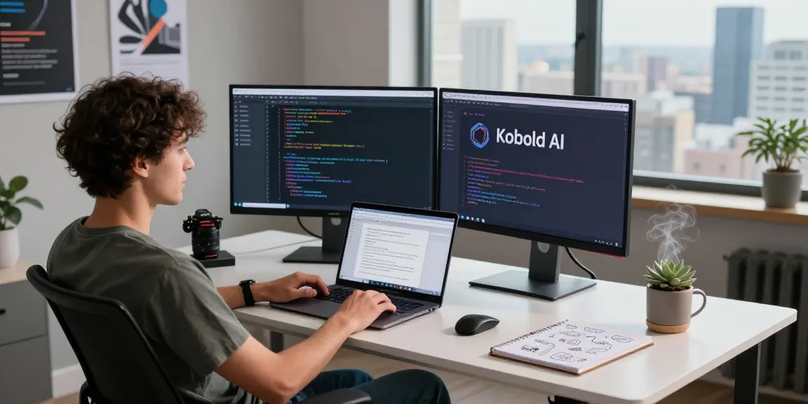 Kobold AI workspace with dual monitors and creative coding setup in a modern tech environment.