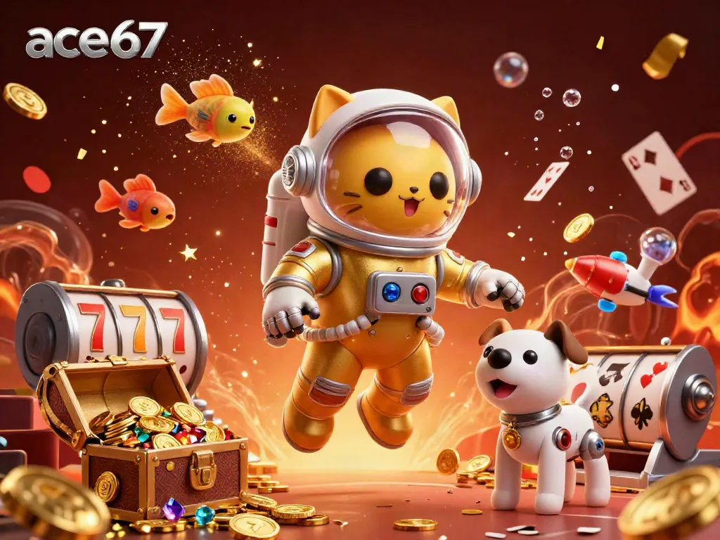 Engage in thrilling slots with ace67 in this vibrant 3D casino illustration featuring space characters.
