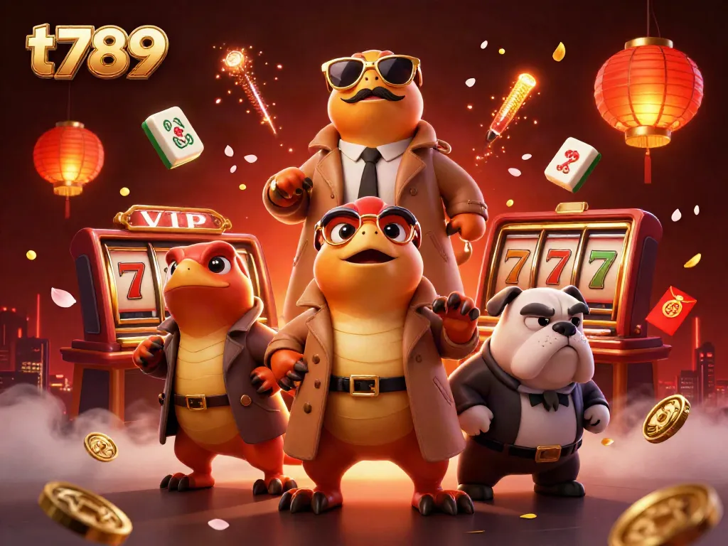 Raptors navigating the casino entrance with slot reels and festive decorations, representing t789.