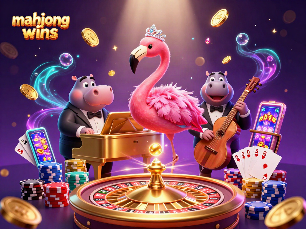 Capture mahjong wins excitement with vibrant casino scene featuring flamingo singer and hippo bassist.