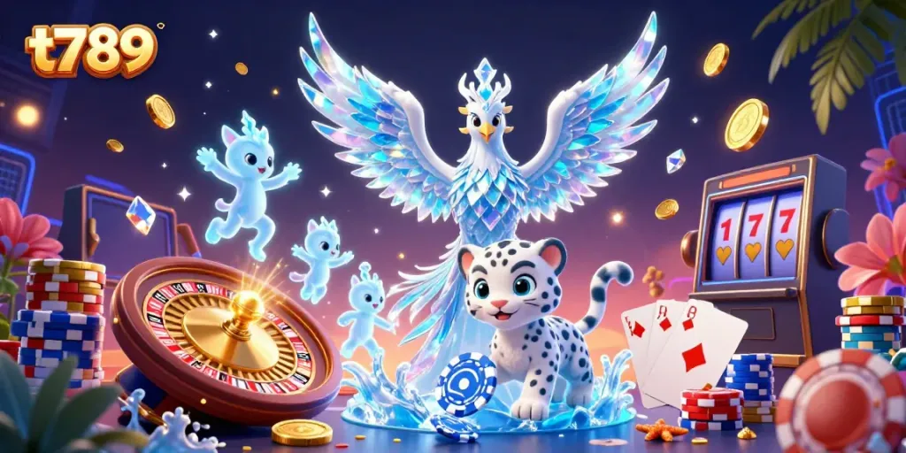 Engage with t789’s casino adventure featuring an ice phoenix, playful snow leopard cub, and glowing sprites amidst golden coins and poker chips.