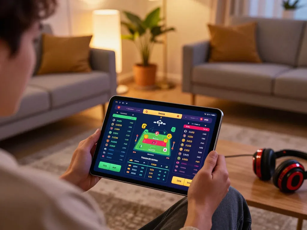 Engaging in sports betting on zx88 platform, showcasing interactive tablet with betting options.