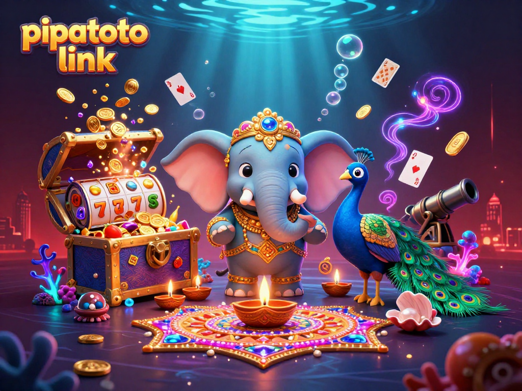 Pipatoto link features vibrant slot machines alongside 3D Diwali-themed characters in an engaging casino scene.