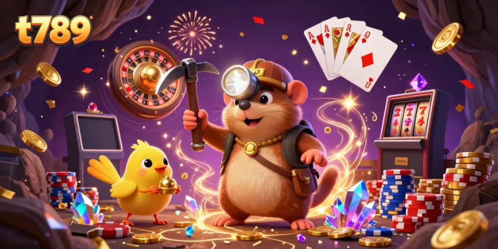 Experience exciting gaming action with t789's cartoon mole in a vibrant casino scene filled with treasures and games.