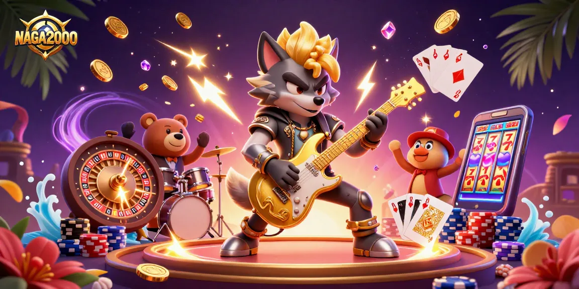 NAGA2000 memikat dengan suasana kasino yang hidup menampilkan serigala bintang rock, roda roulette yang berputar, dan koin yang terbang.