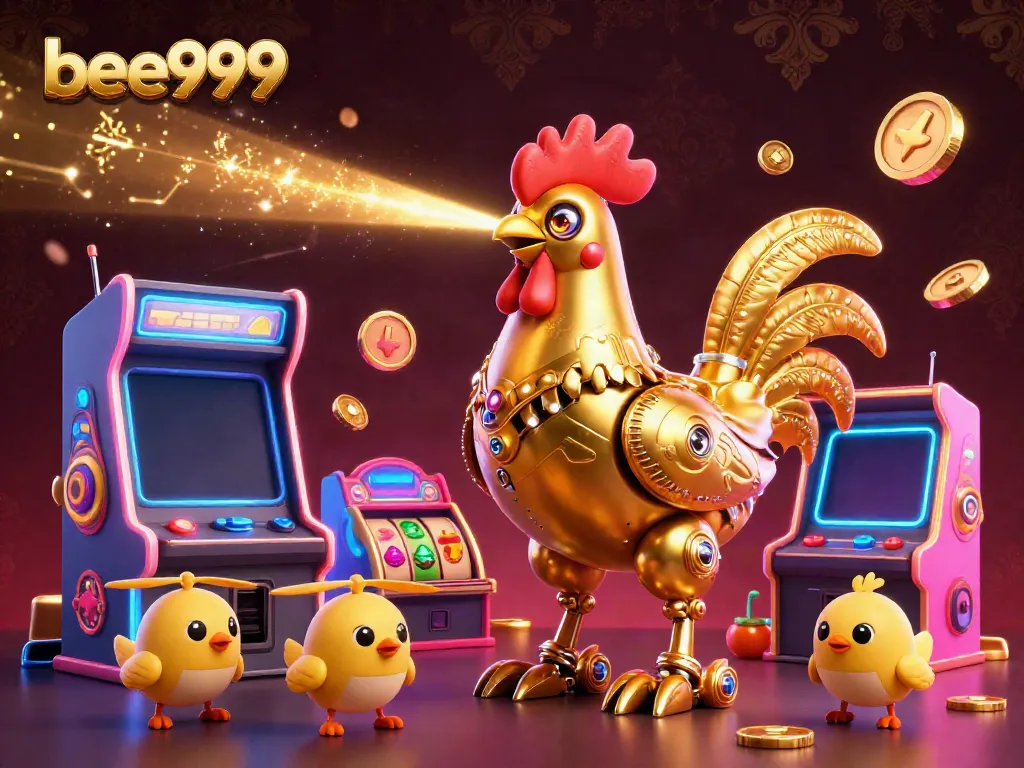 Experience thrilling gambling with bee999, featuring vibrant arcade games and a dynamic golden rooster.