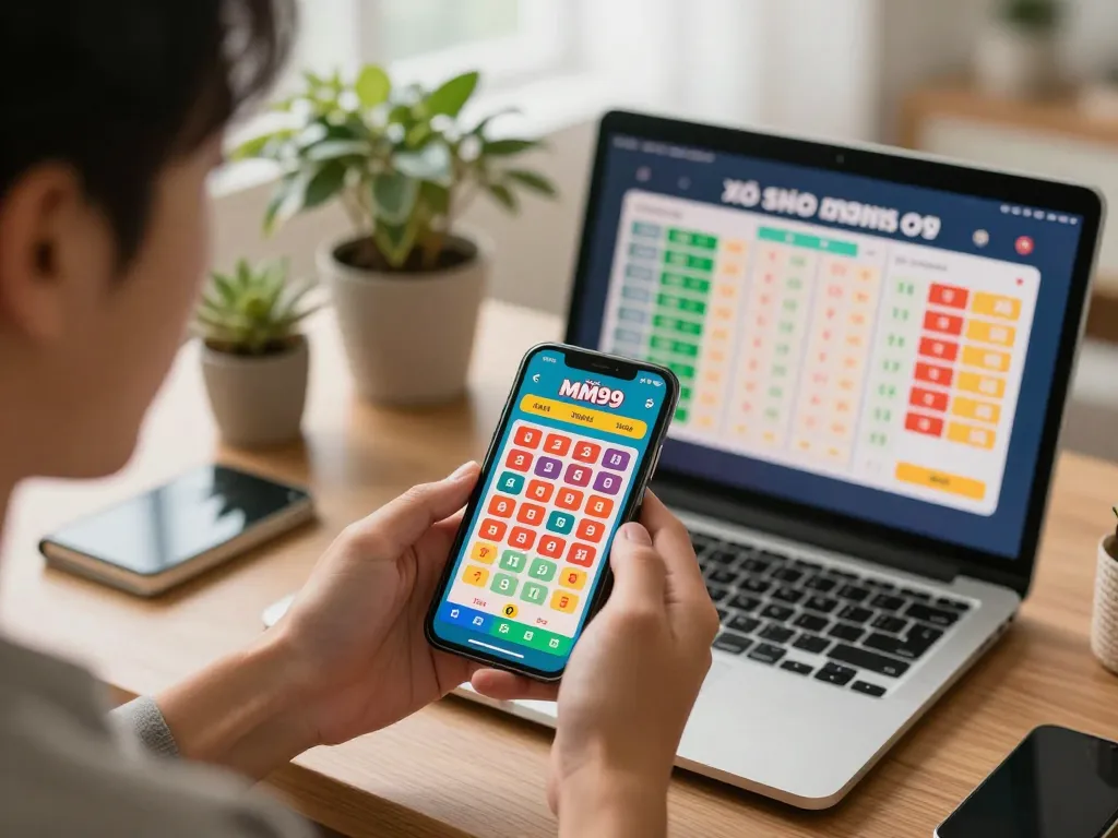 Xổ Số MM99 player assessing options on their smartphone in a cozy home setting.