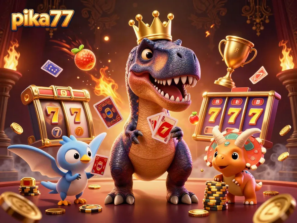 Play exciting games on pika77 with animated characters shuffling cards and stacking chips.