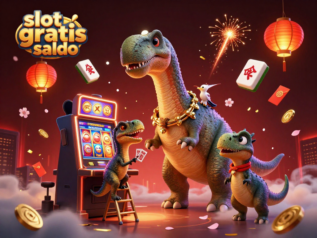 Win big with slot gratis saldo in a vibrant casino setting, featuring a brontosaurus and a raptor!