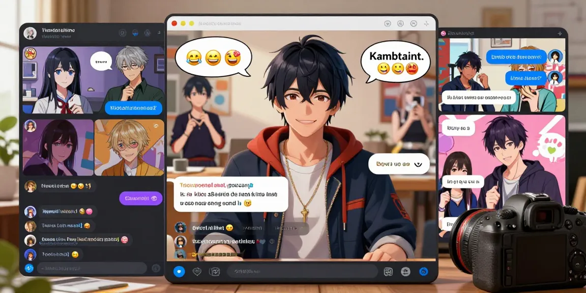Engaging scene depicting Hentai chat AI characters in a lively digital chat room, showcasing dynamic conversations and anime culture.