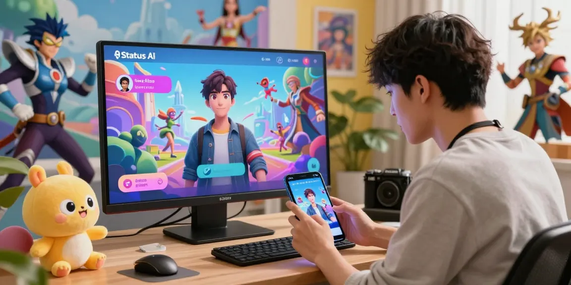User engaging with avatar in vibrant Status AI virtual social scene, showcasing popular fictional characters and lively interactions.