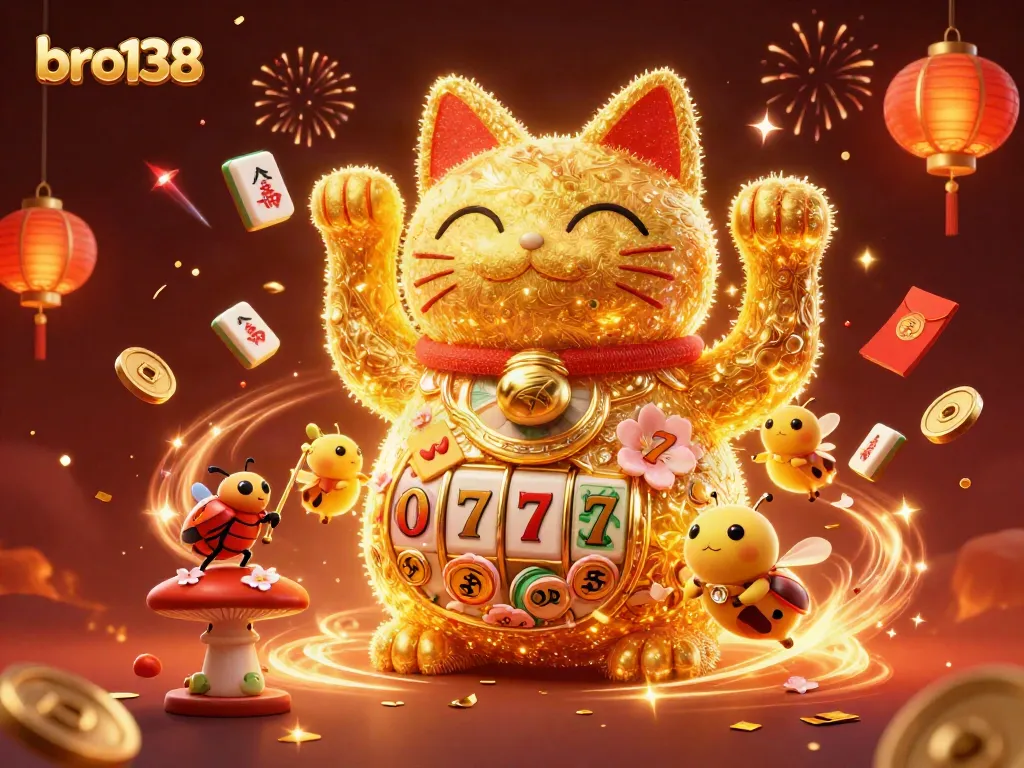 Experience the excitement with bro138 as golden fireflies form a lucky cat amidst casino symbols.