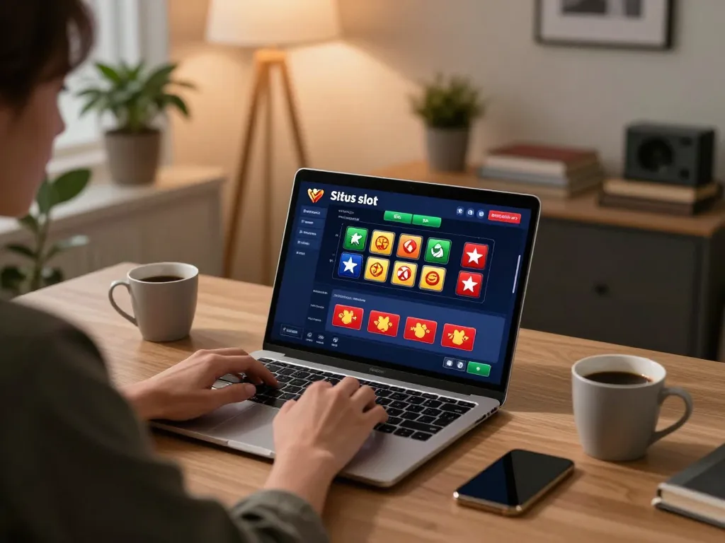 Exciting gameplay on situs slot interface in a modern online casino setup, showcasing a comfortable home office.