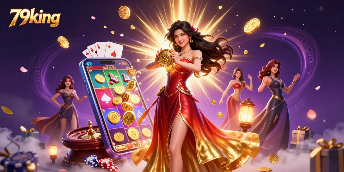 Engage with 79king by enjoying stunning slot games amidst a cascade of golden coins and vibrant colors.