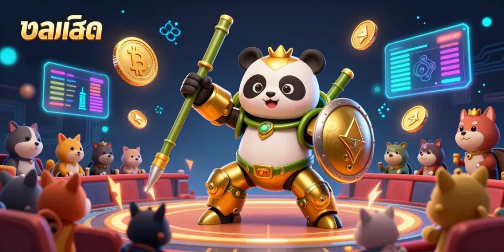 Experience live betting excitement on บอลสด with a golden panda piloting a bamboo mech-suit in a vibrant arena.