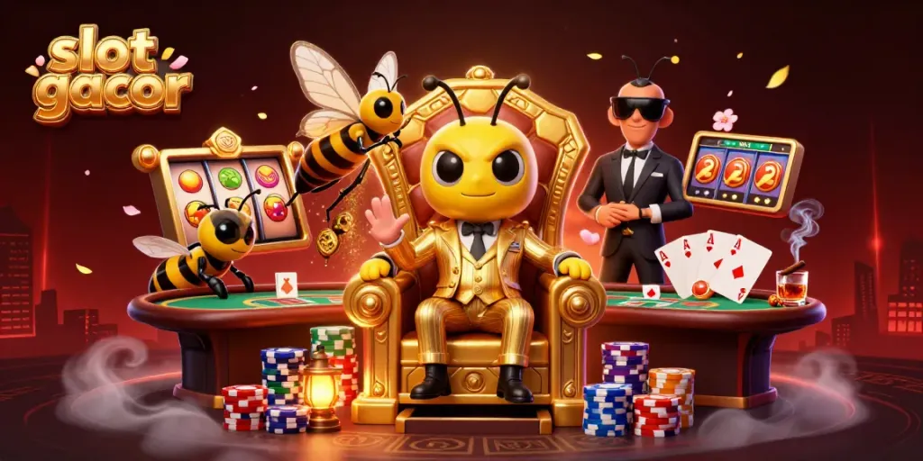 Slot gacor hadir dalam ilustrasi kasino yang meriah dengan karakter kartun 3D dan elemen permainan menarik.