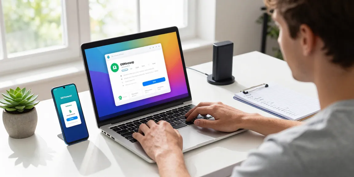 Tech-savvy individual downloading GBWhatsApp APK on a laptop, showcasing vibrant app features.