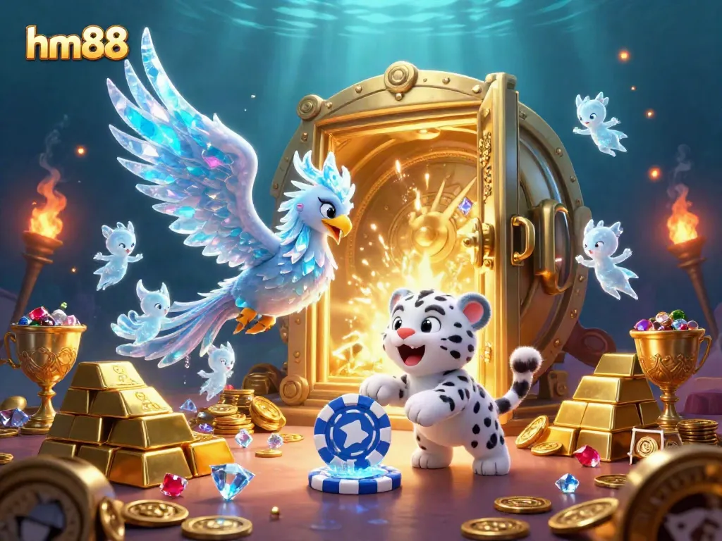Experience the thrilling casino world of hm88 with a magnificent illustration featuring an ice phoenix and playful characters.