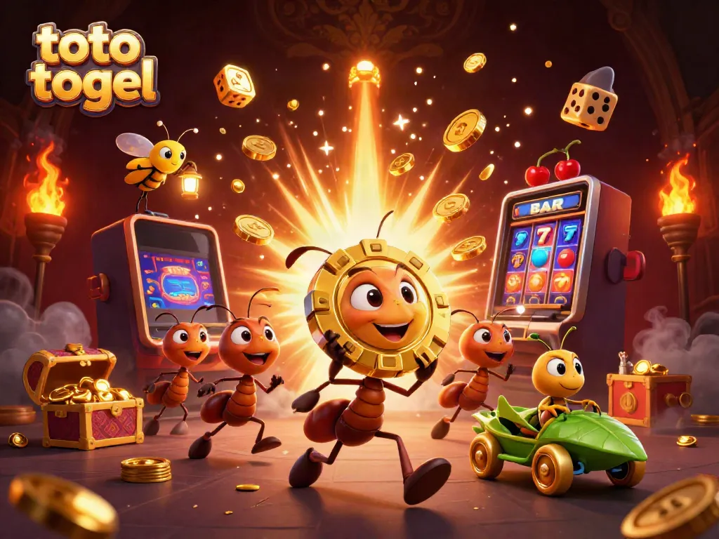 Ants carrying oversized poker chip in a vibrant casino environment with elements symbolizing toto togel.